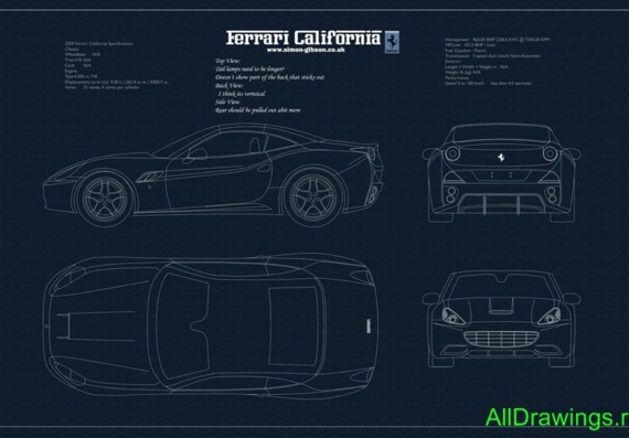 Ferrari California (2009) (Феррари Калифорния (2009)) - чертежи (рисунки) автомобиля